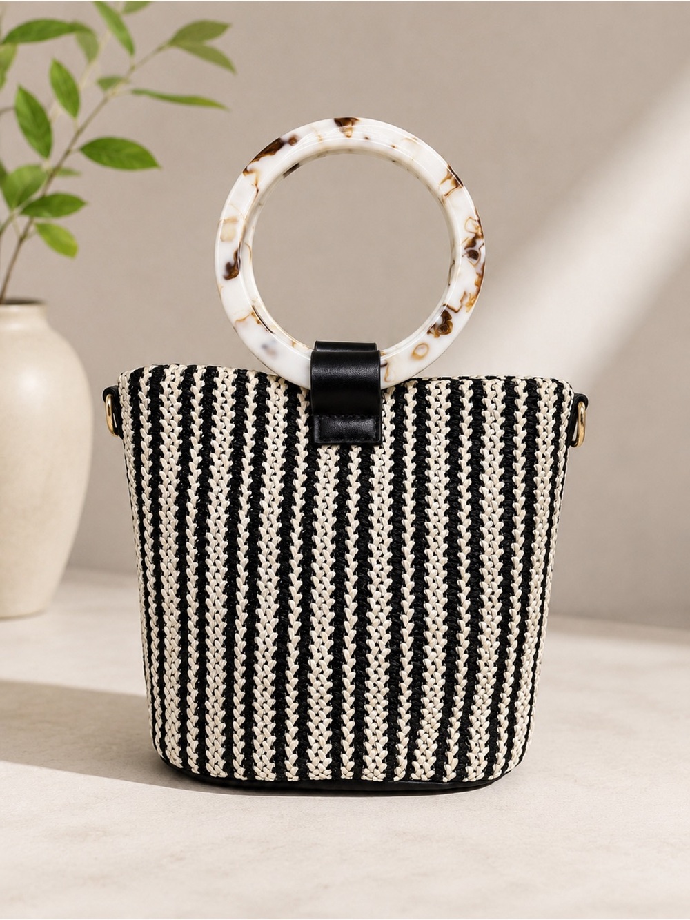 Gianni Bini Striped Black & Cream Woven Bucket Bag with Tortoiseshell Handle